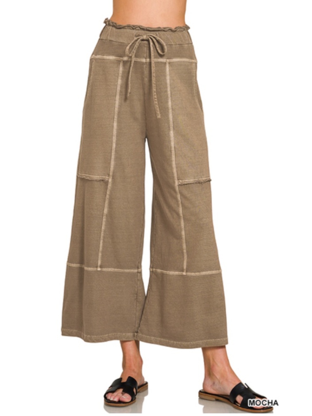 345 🦋 Zenana mocha FRENCH TERRY WASHED EXPOSED-SEAM WIDE LEG PANTS